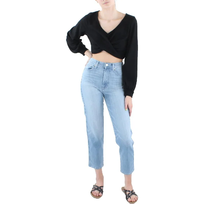 Juniors Womens Knit Ribbed Crop Sweater High Neck Crew Neck V-Neck