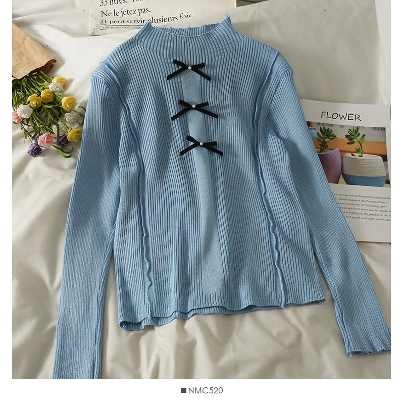 Korean bow decorative nail bead half high neck sweater for women 2053 Striped Floral Plaid Korean bow decorative nail bead half high neck sweater for women 2053 Striped Floral Plaid
