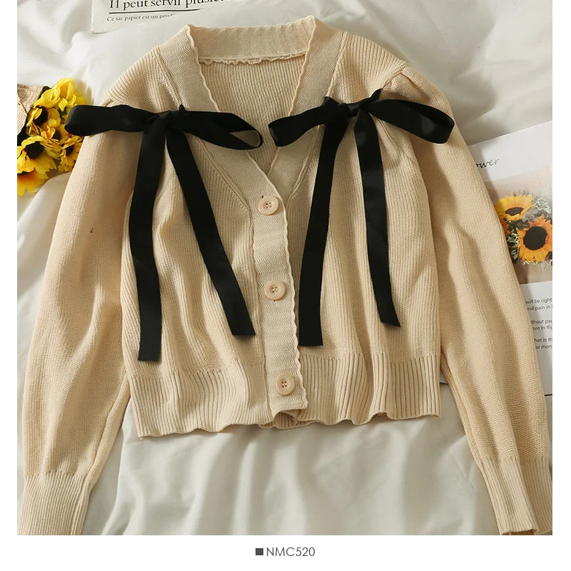 Korean bow tie short single breasted sweater for women  1945 Jersey Fabric Tulle Fabric Batik Fabric