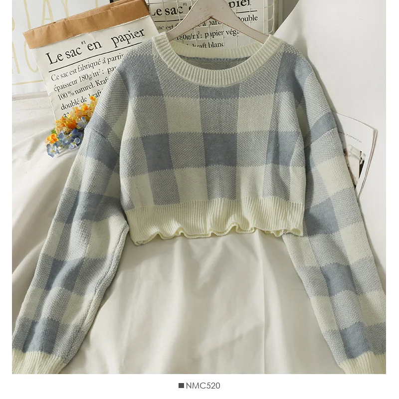 Korean color blocking Plaid round neck long sleeve Pullover short sweater 1968 Striped Floral Plaid Korean color blocking Plaid round neck long sleeve Pullover short sweater 1968 Striped Floral Plaid