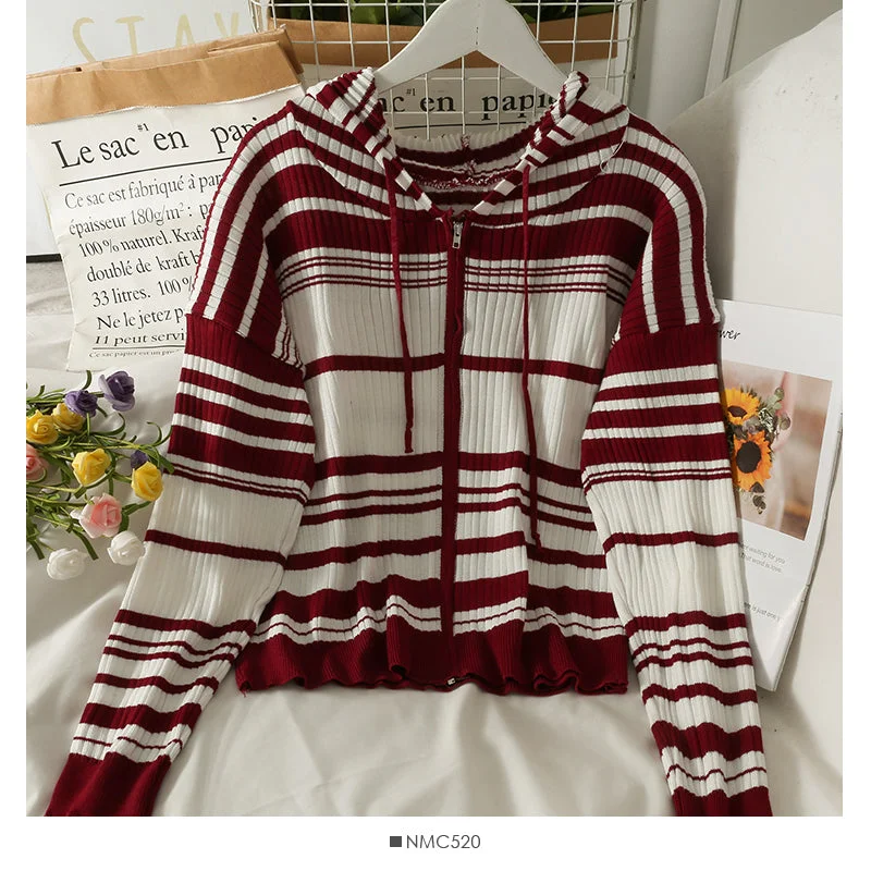 Korean drawstring hooded striped zipper cardigan thin sweater women 2015 Seamless Knitted Crochet Korean drawstring hooded striped zipper cardigan thin sweater women 2015 Seamless Knitted Crochet