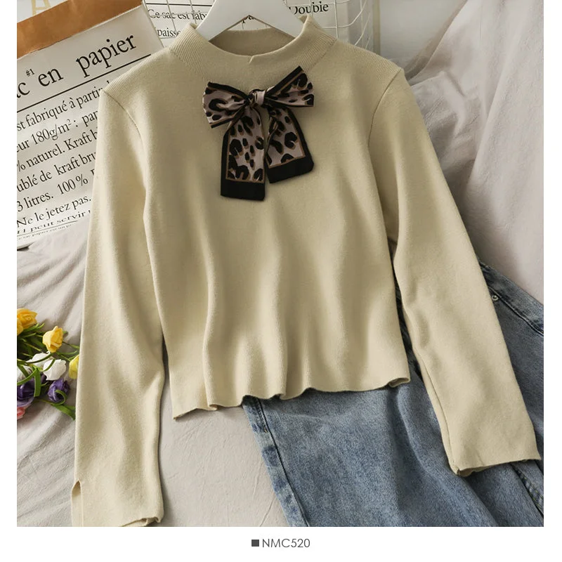 Korean leopard bow half high neck solid color sweater for women 1935 Front Pockets Side Pockets Patch Pockets Korean leopard bow half high neck solid color sweater for women 1935 Front Pockets Side Pockets Patch Pockets