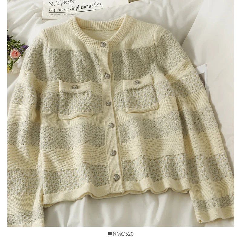 Korean retro bright silk striped single breasted cardigan women's sweater 2072 Real Fur Shearling Chenille Korean retro bright silk striped single breasted cardigan women's sweater 2072 Real Fur Shearling Chenille