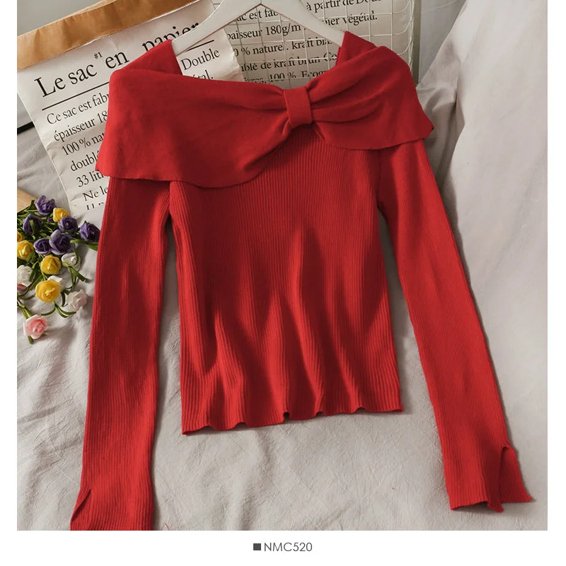 Korean slim butterfly dew clavicle sweater  1828 Modern Contemporary Chic
