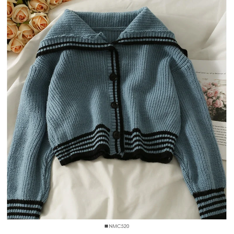 Korean stripe large lapel single breasted short cardigan sweater 2051 Tailored Straight A-Line Korean stripe large lapel single breasted short cardigan sweater 2051 Tailored Straight A-Line