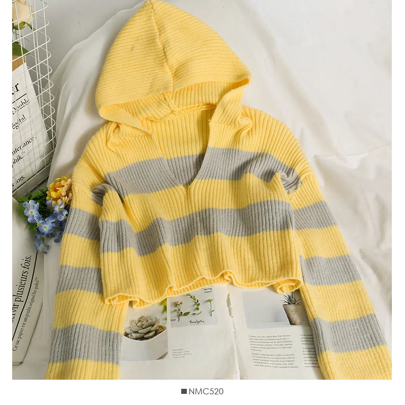 Korean stripe short loose thin hooded long sleeved sweater 1939 Machine Wash Dry Clean Hand Wash Korean stripe short loose thin hooded long sleeved sweater 1939 Machine Wash Dry Clean Hand Wash
