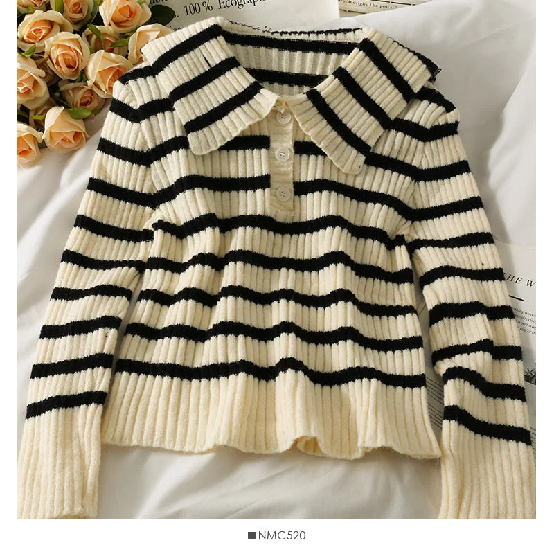 Korean stripe slim slim Lapel long sleeve sweater for women 2065 Casual Formal Business Korean stripe slim slim Lapel long sleeve sweater for women 2065 Casual Formal Business