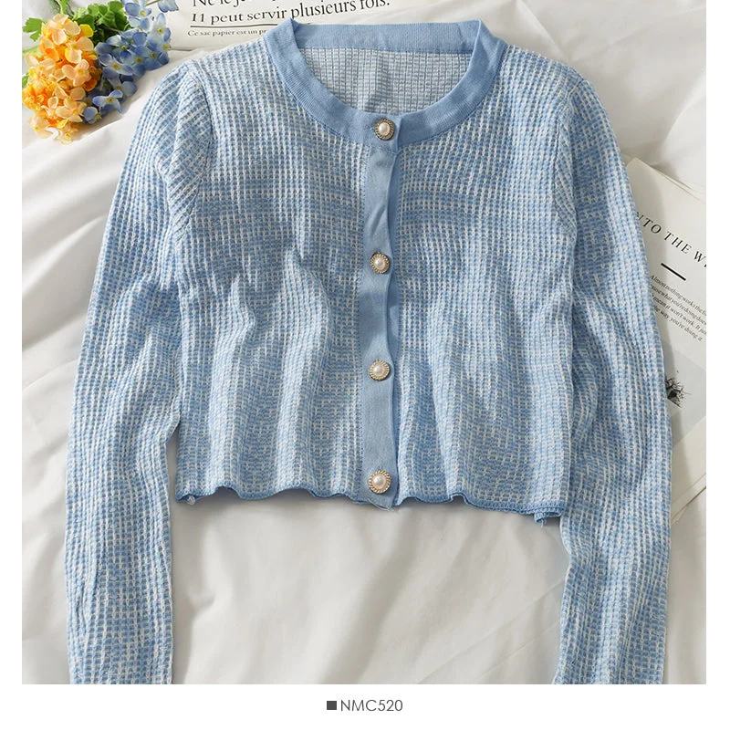 Korean Vintage round neck pearl single breasted plaid sweater 2030 Jersey Fabric Tulle Fabric Batik Fabric Korean Vintage round neck pearl single breasted plaid sweater 2030 Jersey Fabric Tulle Fabric Batik Fabric