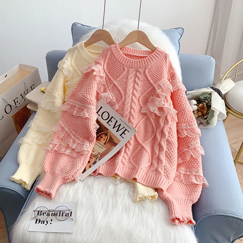 Lace stitching lace design sense niche sweater  5023 Print Jacquard Patchwork
