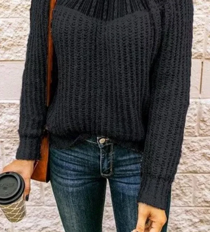 Lace Stitching Sleeve Sweater In Black Turtle Neck Boat Neck Asymmetrical Neck