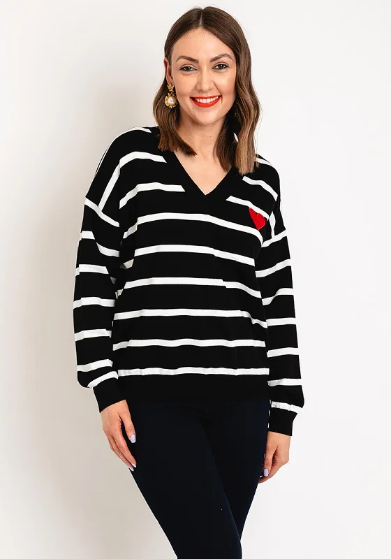 Serafina Collection One Size Heart Motif Striped Sweater, Black Satin Blend Silk Blend Wool Blend Serafina Collection One Size Heart Motif Striped Sweater, Black Satin Blend Silk Blend Wool Blend