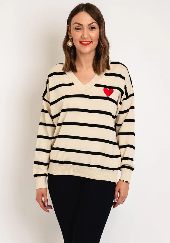 Serafina Collection One Size Heart Motif Striped Sweater, Taupe Houndstooth Herringbone Solid Serafina Collection One Size Heart Motif Striped Sweater, Taupe Houndstooth Herringbone Solid