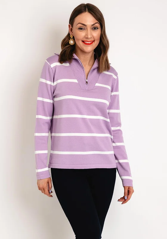 Serafina Collection One Size Half Zip Striped Sweater, Lilac Toggled Drawstring Belted Serafina Collection One Size Half Zip Striped Sweater, Lilac Toggled Drawstring Belted