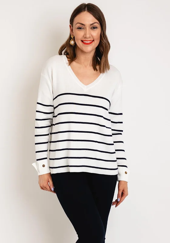 Serafina Collection One Size V-Neck Striped Sweater, White Bright Pastel Dark