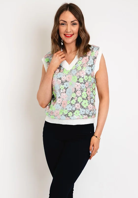 Serafina Collection One Size Floral Sequin Sweater Vest, White Modern Contemporary Chic Serafina Collection One Size Floral Sequin Sweater Vest, White Modern Contemporary Chic