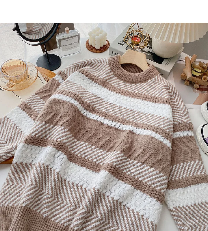 Lazy wind contrast striped sweater Korean version fashionable and simple 6071 Mesh Sweater Canvas Denim Lazy wind contrast striped sweater Korean version fashionable and simple 6071 Mesh Sweater Canvas Denim
