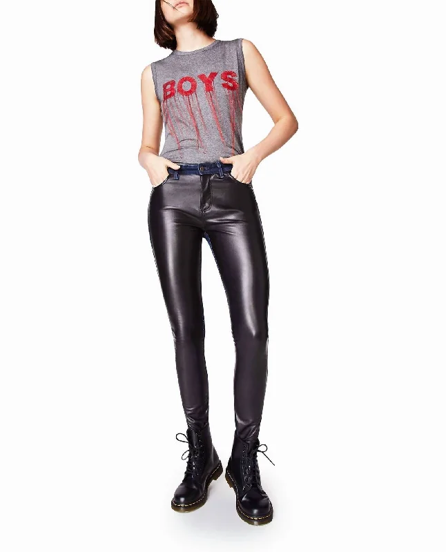 Leather And Denim Jean In Black Leather Denim Fashionable Cropped Denim Jeans
