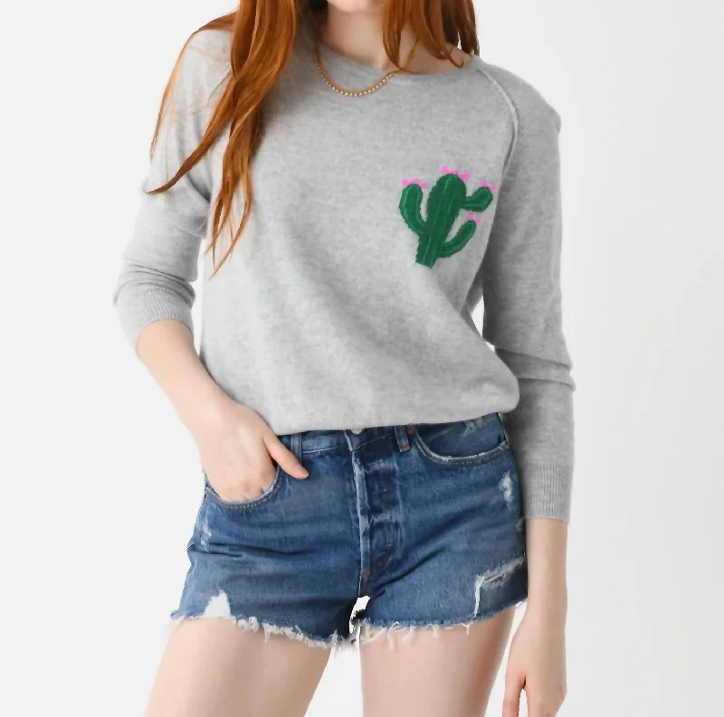 Little Cactus Crew Neck Sweater In Super Grey Multi Soft Cozy Warm