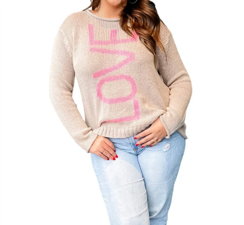 Love Cotton Crew Sweater In Pink/khaki Striped Floral Plaid