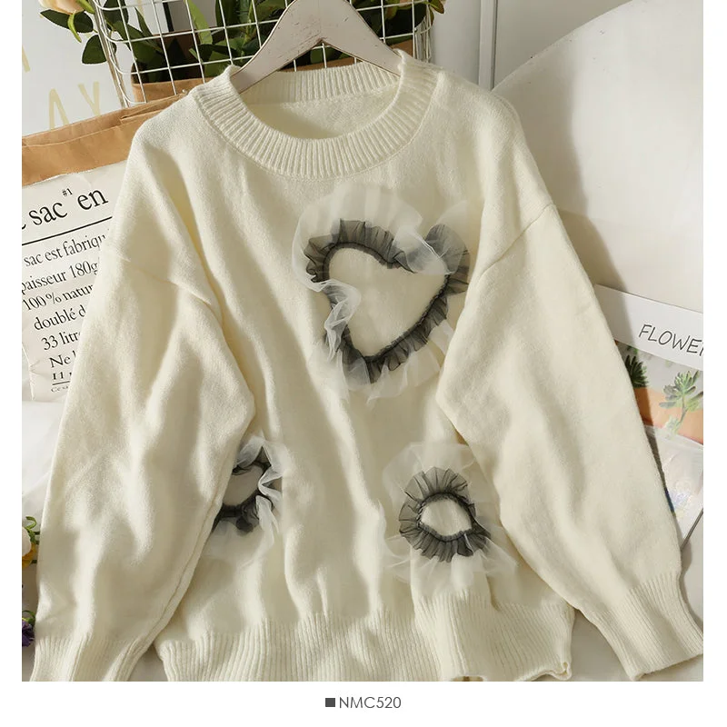 Mesh stitched heart-shaped loose thin medium length sweater for women 1959 Fleece Fabric Down Fabric Feather Fabric Mesh stitched heart-shaped loose thin medium length sweater for women 1959 Fleece Fabric Down Fabric Feather Fabric