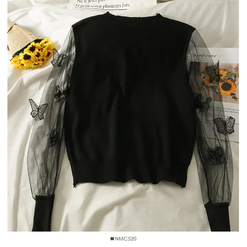 Mesh stitched three-dimensional butterfly long sleeve Pullover Sweater for women 2049 Jersey Fabric Tulle Fabric Batik Fabric Mesh stitched three-dimensional butterfly long sleeve Pullover Sweater for women 2049 Jersey Fabric Tulle Fabric Batik Fabric