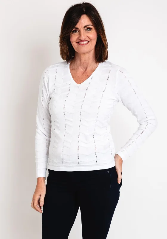 Micha V-Neck Zig Zag Embossed Sweater, White Zippered Front Buttoned Front Snap Front Micha V-Neck Zig Zag Embossed Sweater, White Zippered Front Buttoned Front Snap Front