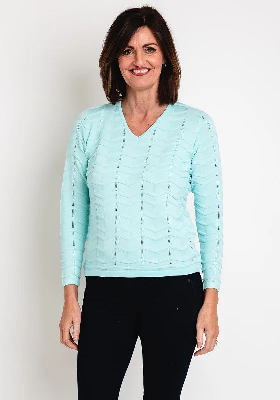 Micha V-Neck Zig Zag Embossed Sweater, Mint Fitted Loose Oversized