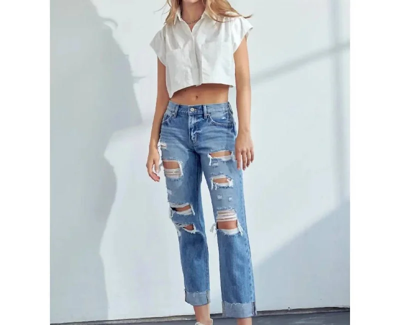 Midrise Boyfriend Jeans In Medium Wash Fashionable Straight Fit Denim