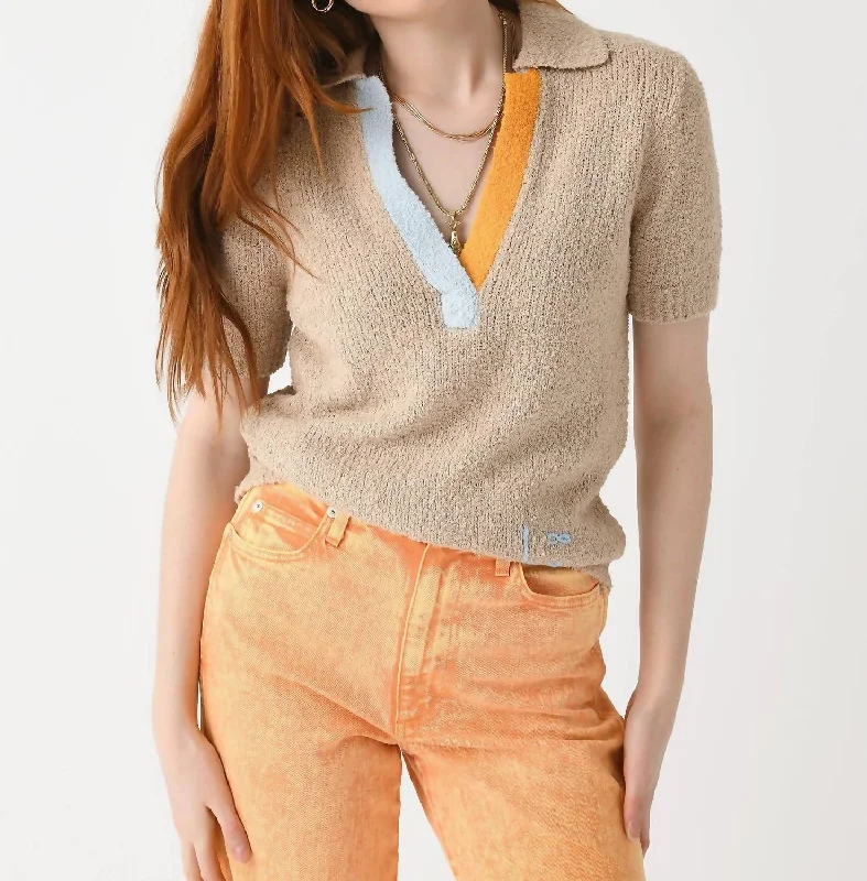 Miller Bouclé Polo Sweater In Sable Print Jacquard Patchwork