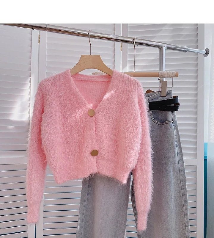 Mohair sweater solid V-neck short long sleeve top  6063 Seamless Knitted Crochet
