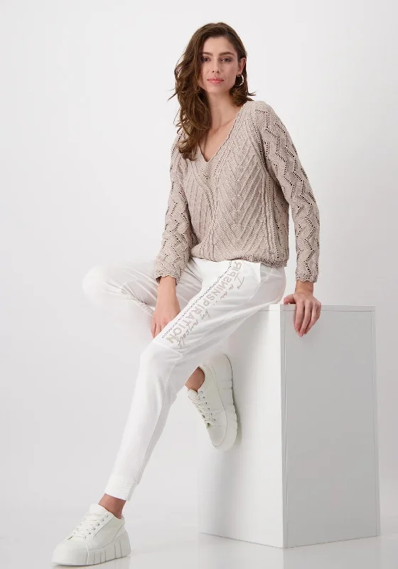 Monari Sequin V Neck Knit Jumper, Beige Cable Knit Ribbed Knit Lace Knit