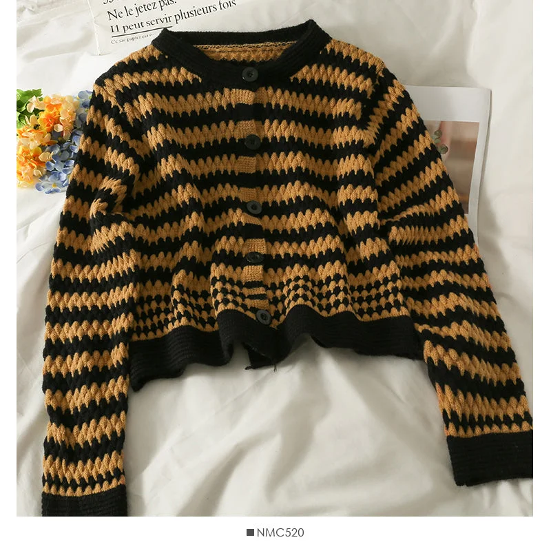 New color contrast stripe single breasted cardigan women's sweater 2046 Cable Knit Ribbed Knit Lace Knit New color contrast stripe single breasted cardigan women's sweater 2046 Cable Knit Ribbed Knit Lace Knit