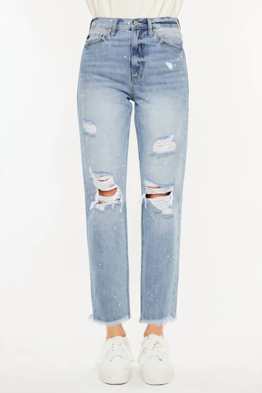 Oceane Paint Splatter Straight Jeans In Medium Wash Cozy Stretch High-Waist Jeans