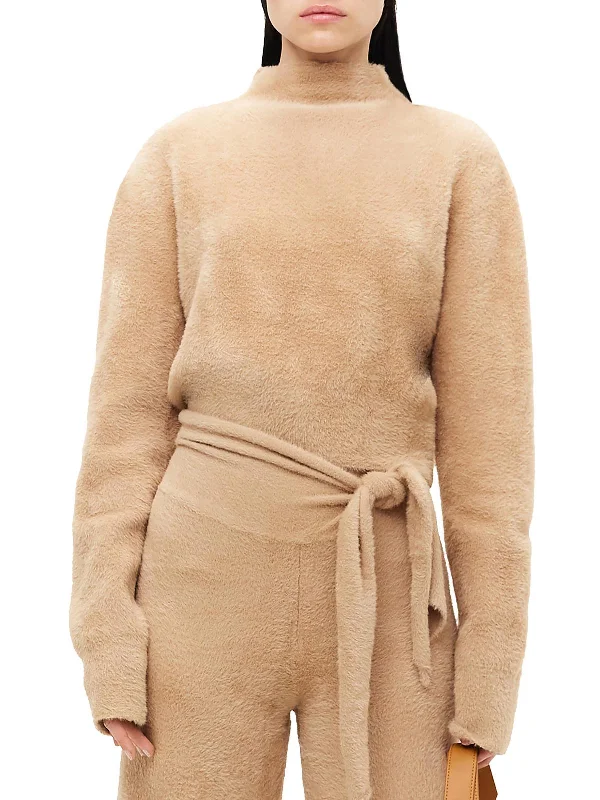 Oko Womens Crop Funnel Neck Pullover Sweater Real Fur Shearling Chenille