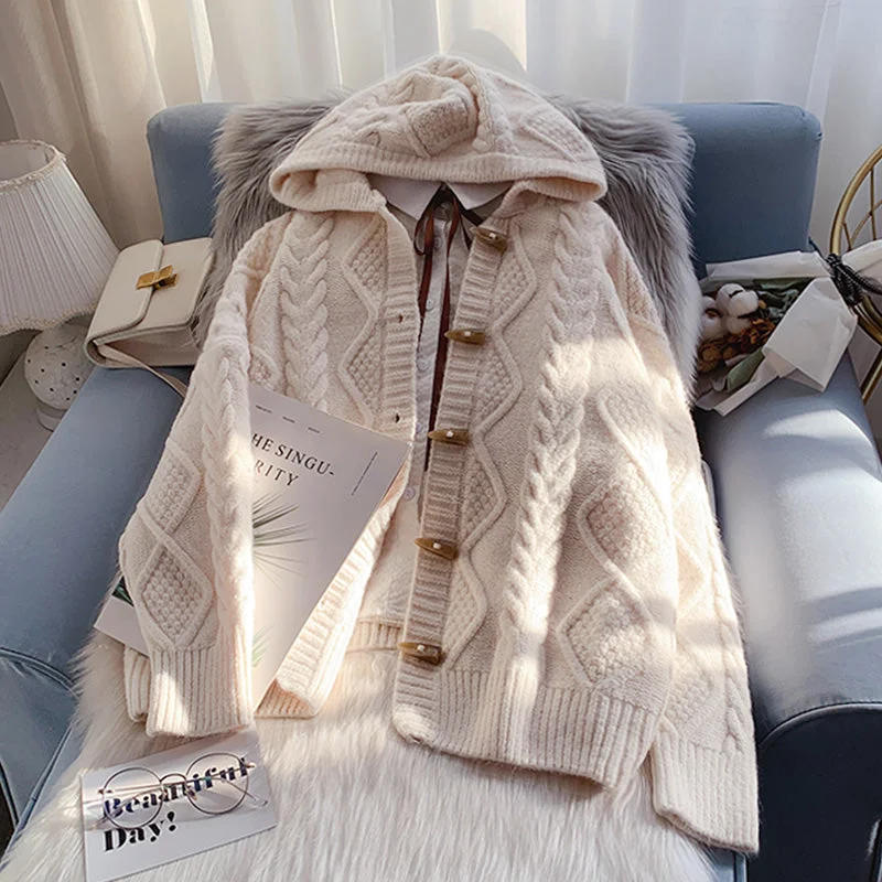 Ox horn button hooded twist sweater coat  4990 Embroidered Appliqued Beaded