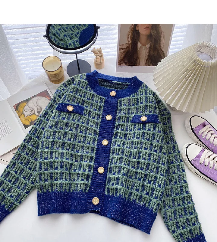 Plaid color matching Vintage sweater long sleeve coat 6057 Stylish Fashionable Trendy Plaid color matching Vintage sweater long sleeve coat 6057 Stylish Fashionable Trendy