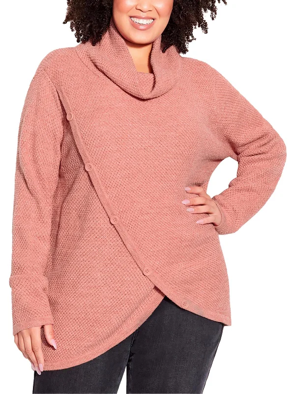 Plus Womens Cowl Hooded Pullover Sweater Houndstooth Herringbone Solid