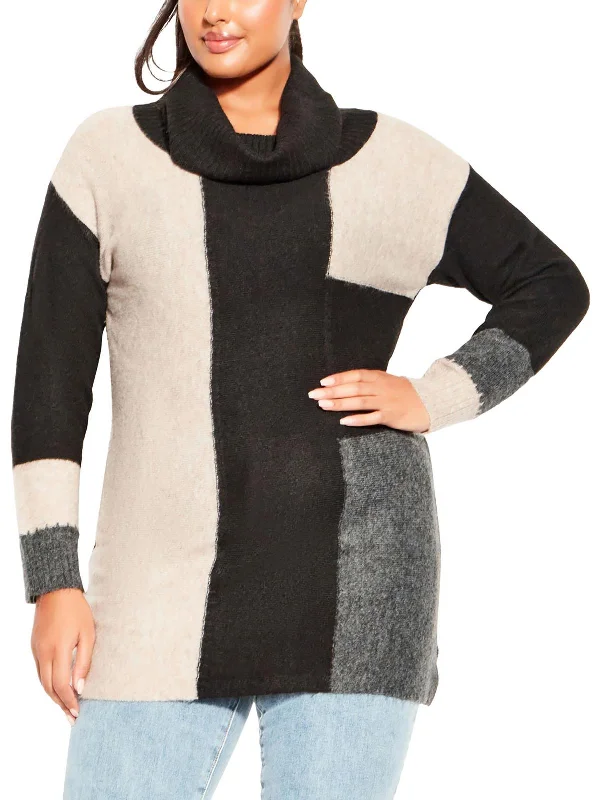 Plus Womens Cowl Neck Colorblock Pullover Sweater Houndstooth Herringbone Solid