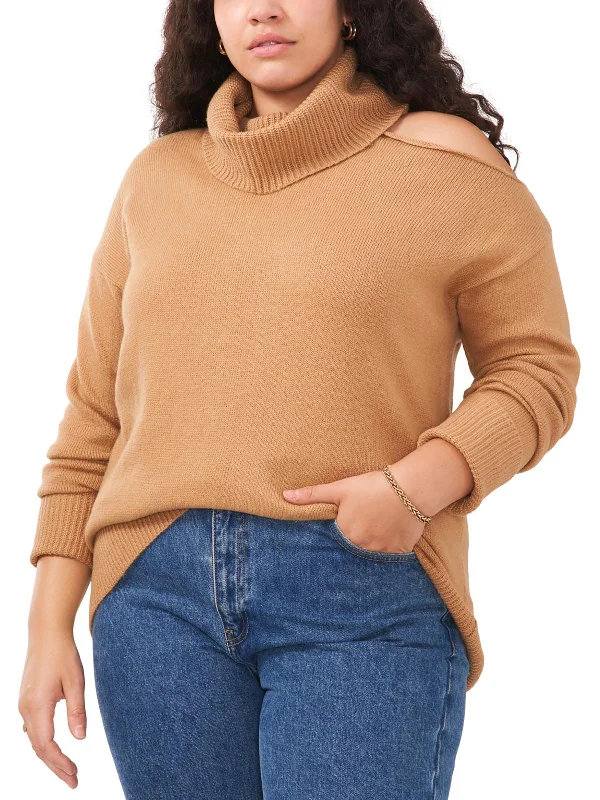 Plus Womens Cut-Out Knit Turtleneck Sweater Solid Print Embellished