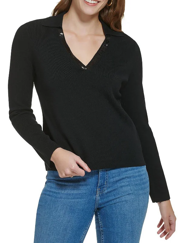 Plus Womens Embellished V-Neck Pullover Sweater Thin Thick Dense