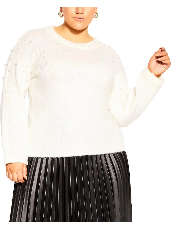 Plus Womens Knit Embellished Pullover Sweater Tailored Straight A-Line