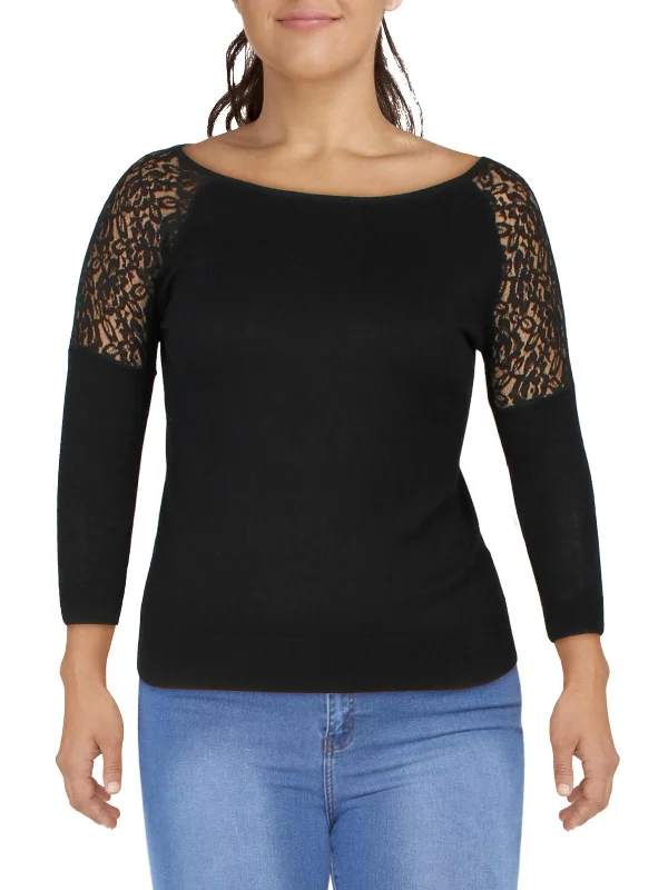 Plus Womens Lace Fitted Pullover Sweater Elegant Classic Vintage