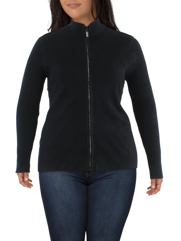 Plus Womens Mock Neck Embellished Full Zip Sweater Stretchy Elastic Breathable