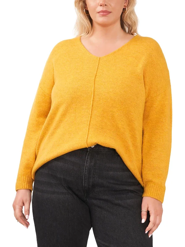 Plus Womens Ribbed Trim Knit V-Neck Sweater Tailored Straight A-Line