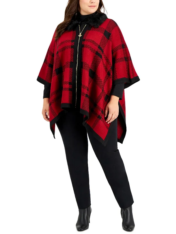 Plus Womens Trimmed Zip Fall Poncho Sweater Cashmere Blend Cotton Blend Poly Blend