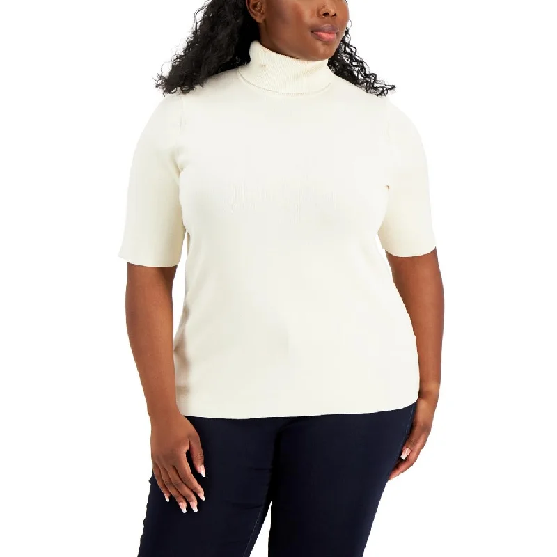 Plus Womens Turtleneck Elbow Sleeves Turtleneck Sweater Mesh Sweater Canvas Denim