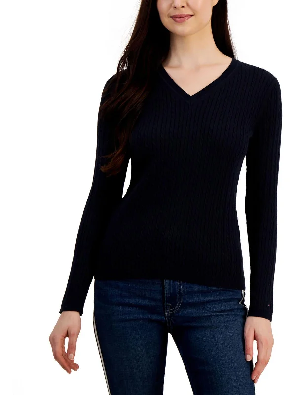 Plus Womens V Neck Cable Pullover Sweater Tailored Straight A-Line