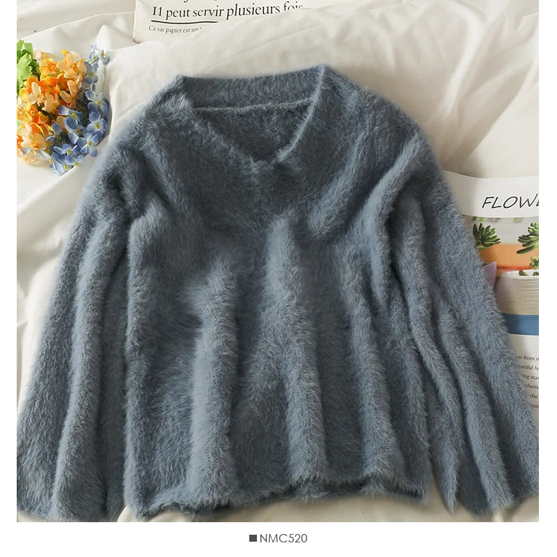 Plush loose thin V-Neck Sweater Korean versatile long sleeve Pullover Top 1995 Fleece Fabric Down Fabric Feather Fabric Plush loose thin V-Neck Sweater Korean versatile long sleeve Pullover Top 1995 Fleece Fabric Down Fabric Feather Fabric