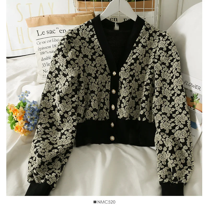 Printed single breasted sweater women's V-neck slim long sleeved sweater 1877 Bright Pastel Dark Printed single breasted sweater women's V-neck slim long sleeved sweater 1877 Bright Pastel Dark