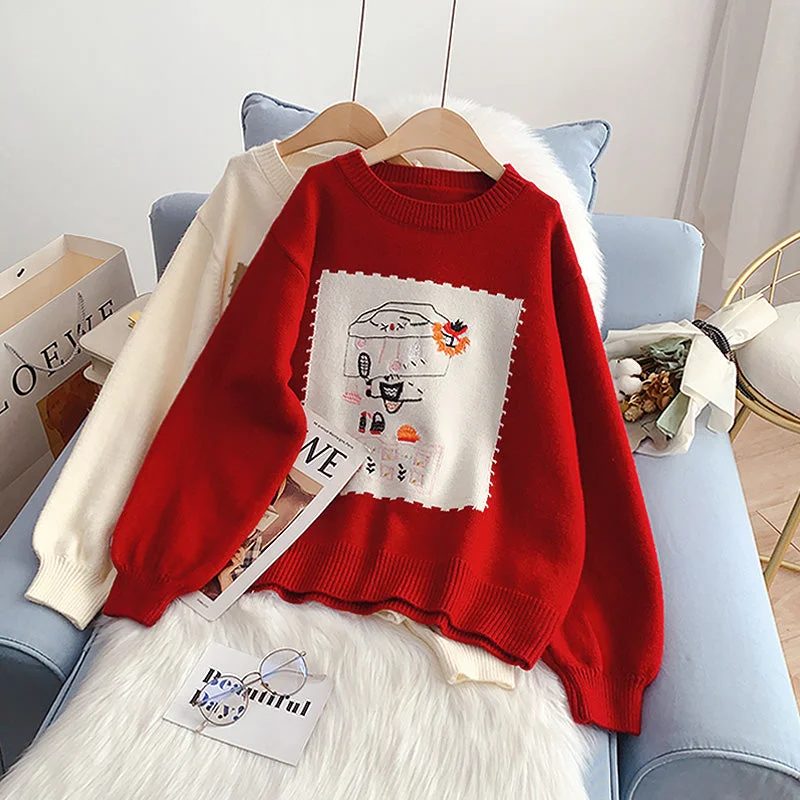 Red Christmas Sweater female Pullover  5009 Zippered Buttoned Snapped